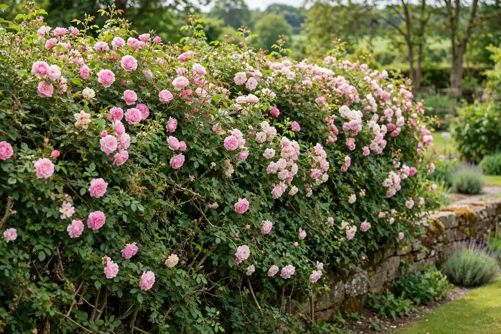 Dense shrub rose hedge in flower along a garden boundary.