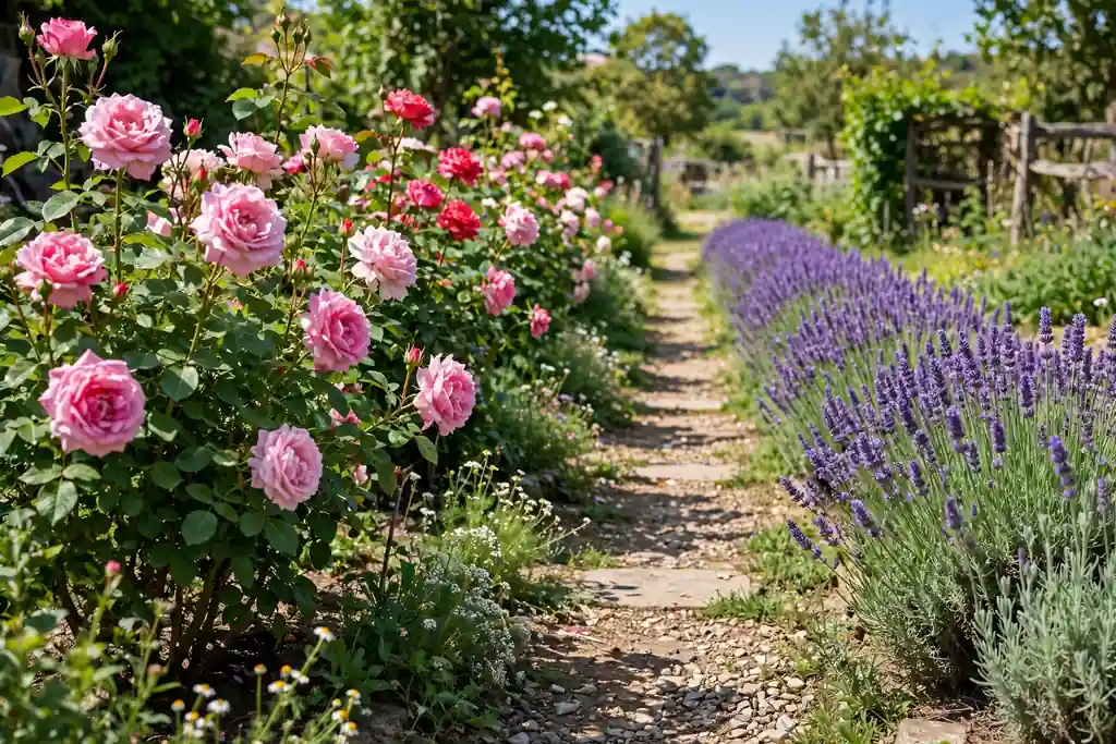 Roses paired with a lavender row along a sunny garden path.