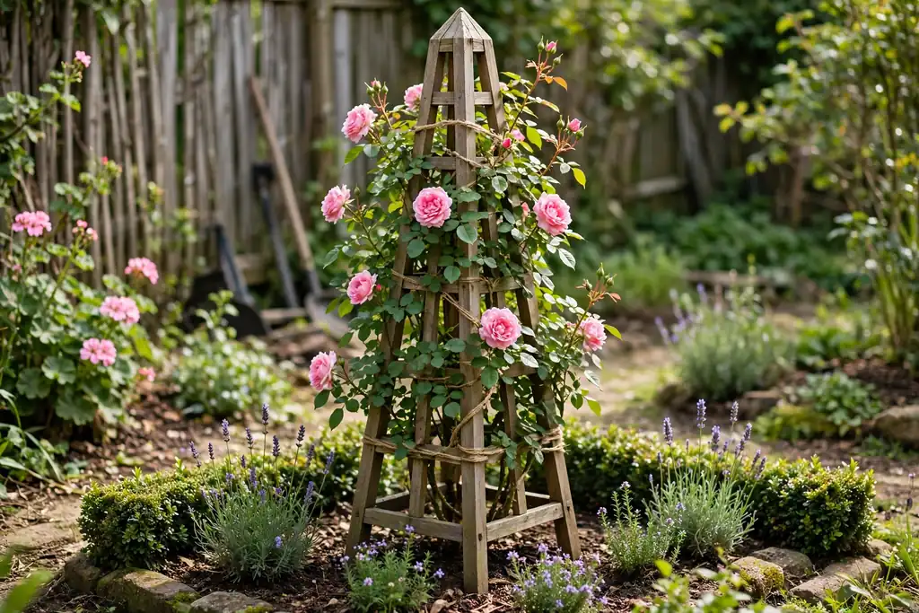 Climbing rose trained up an obelisk in a small garden bed.