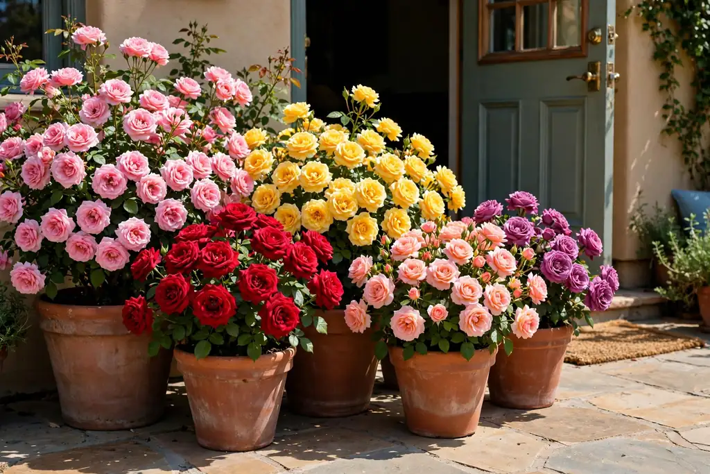 Large pots of roses grouped on a sunny patio near a door.