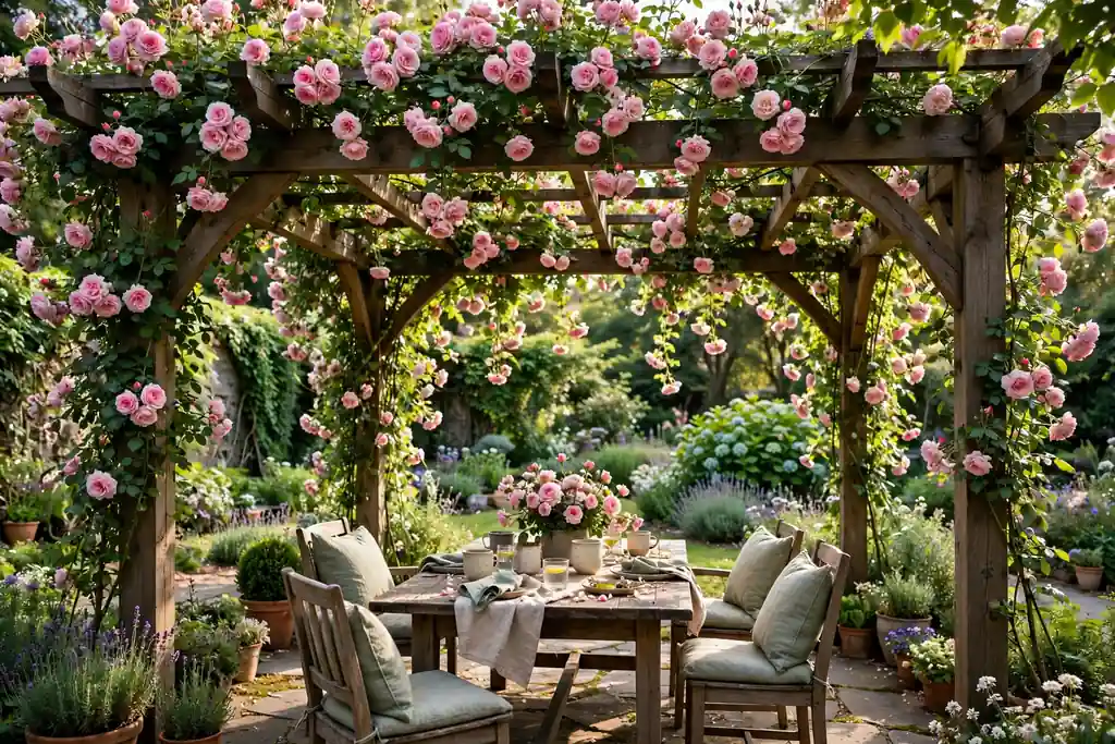 Climbing roses over a pergola above a garden seating area.