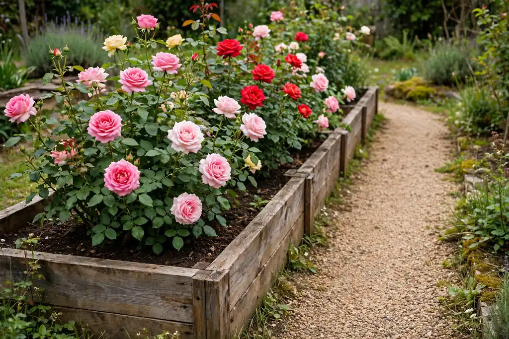 Roses growing in a wooden raised bed with a path beside it.