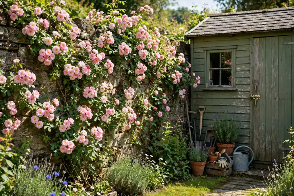 Rambling roses flowering up a sunny garden wall beside a shed.