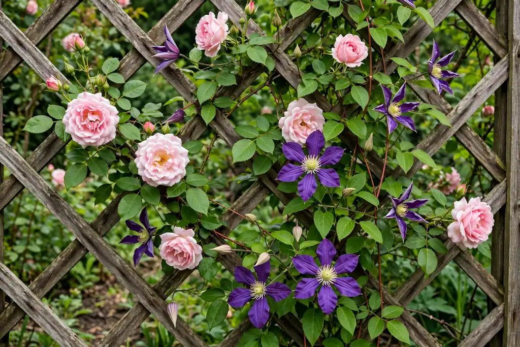 Clematis flowers growing through climbing roses on a trellis.