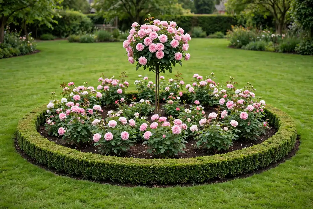 Round rose bed with a central standard rose in a green lawn.