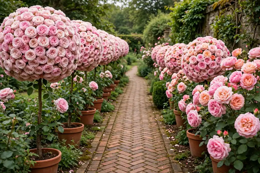 Standard roses with ball shaped flower heads framing a garden path.