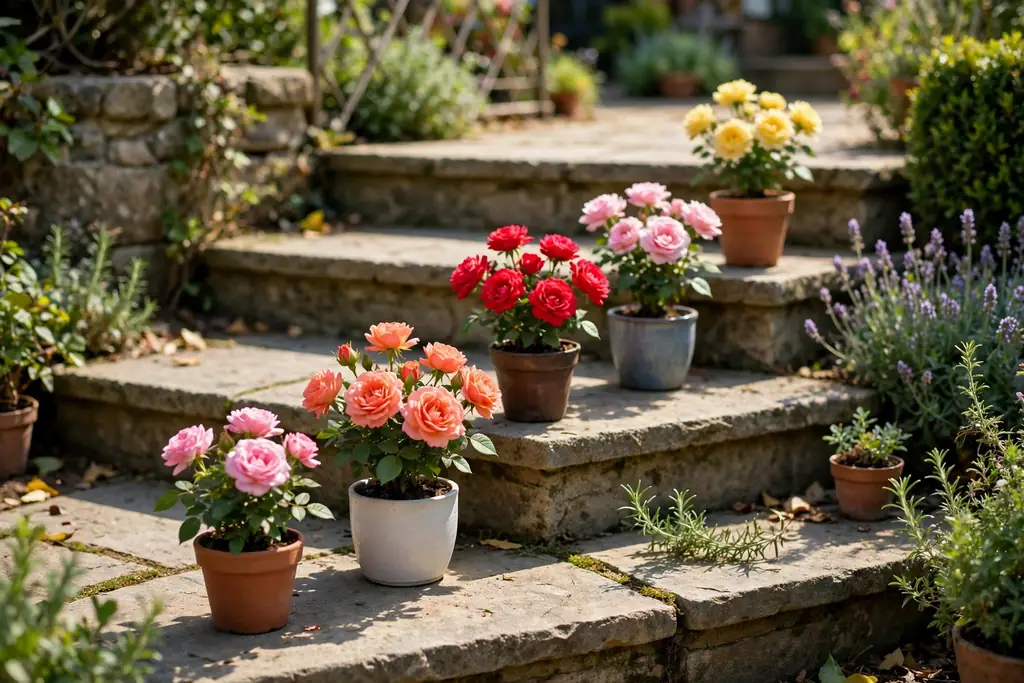 Compact patio roses in small pots on sunny garden steps.