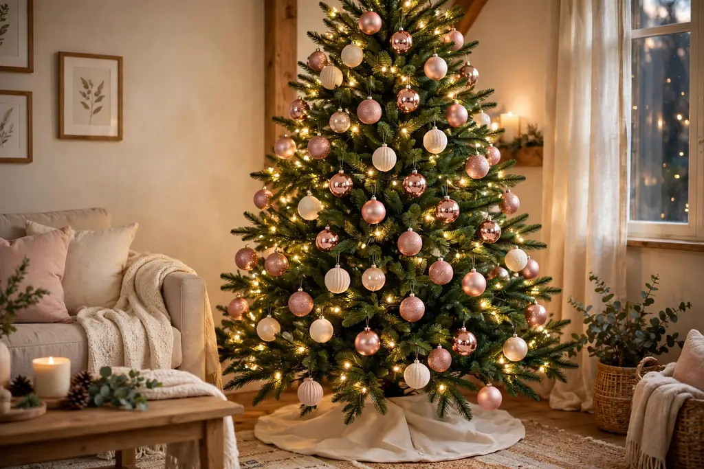 Christmas tree decorated with rose gold ornaments and warm white lights.