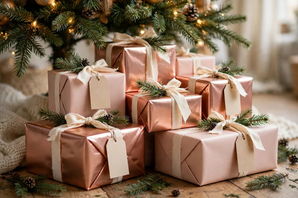 Gifts wrapped in rose gold and blush paper with cream ribbon under a tree.