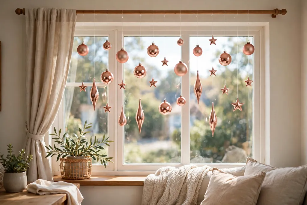 Window with rose gold ornaments hanging at different lengths from a curtain rod.