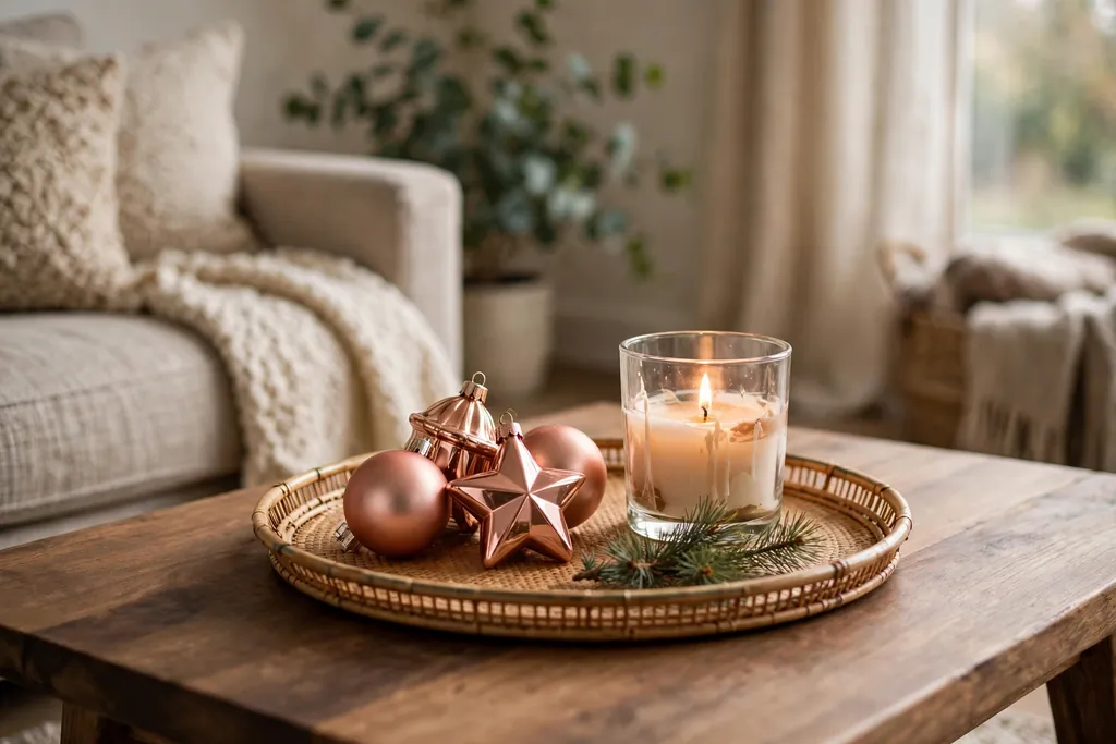 Coffee table tray with rose gold ornaments, a candle, and a pine sprig.