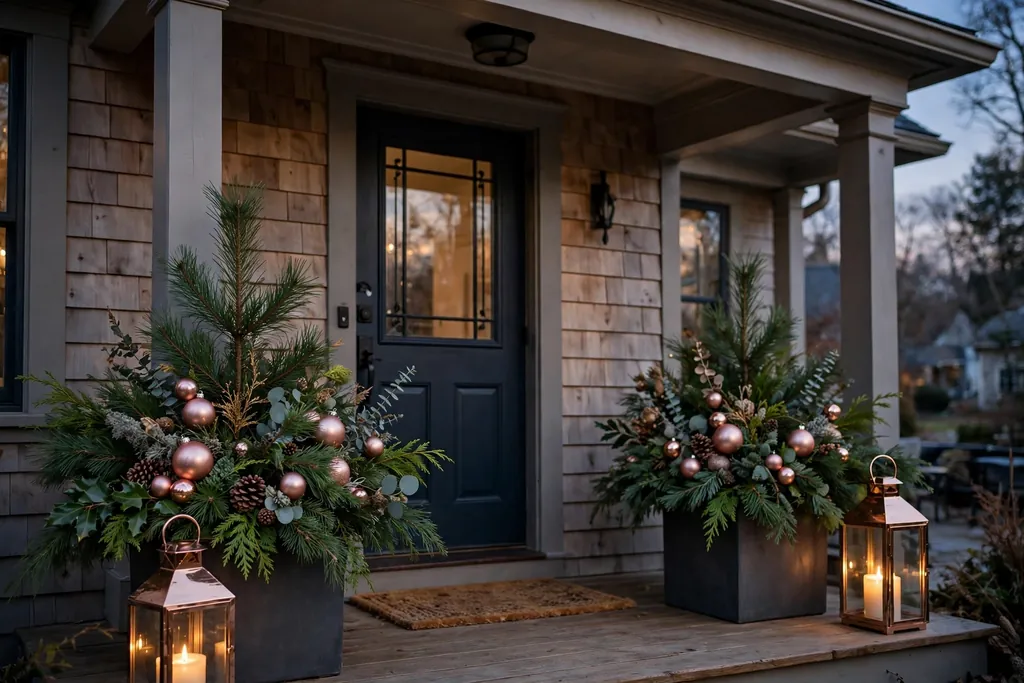 Front porch with planters of pine branches and rose gold baubles beside a rose gold lantern.