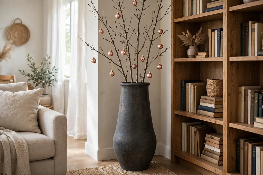 Tall floor vase with branches hung with small rose gold ornaments in a corner.