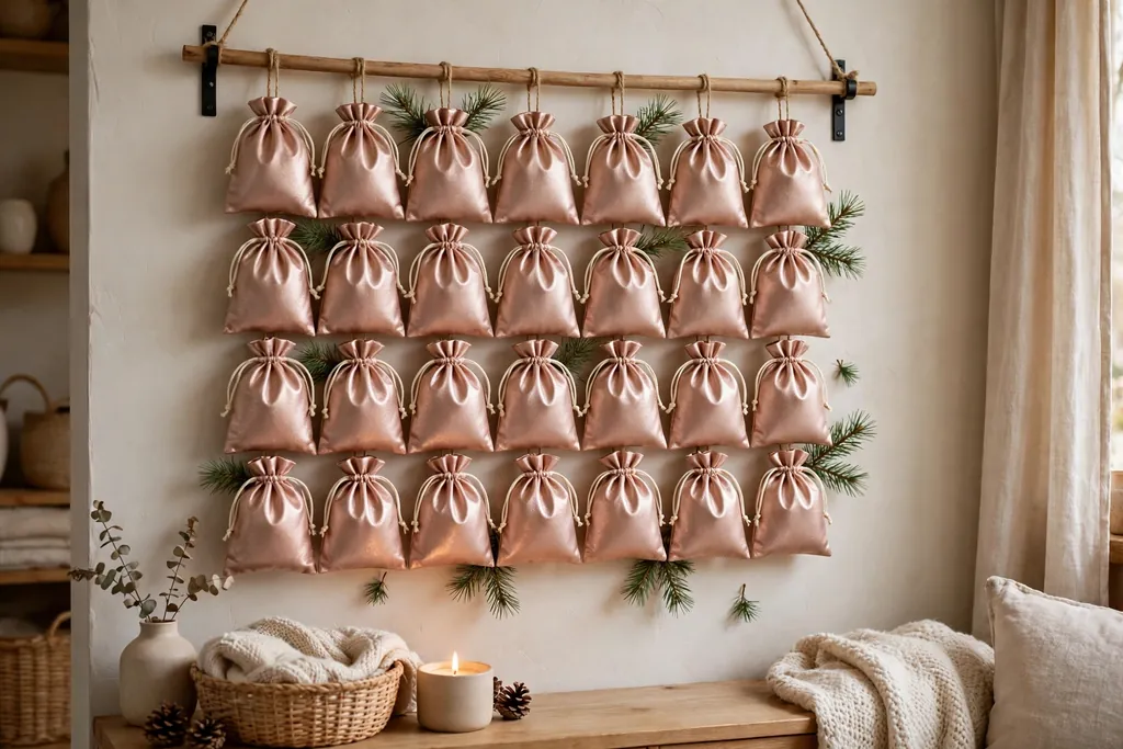 Wall hung advent calendar with small rose gold pouches in numbered rows.