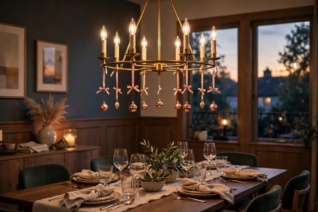Dining room chandelier with small rose gold ornaments hung from short ribbons.
