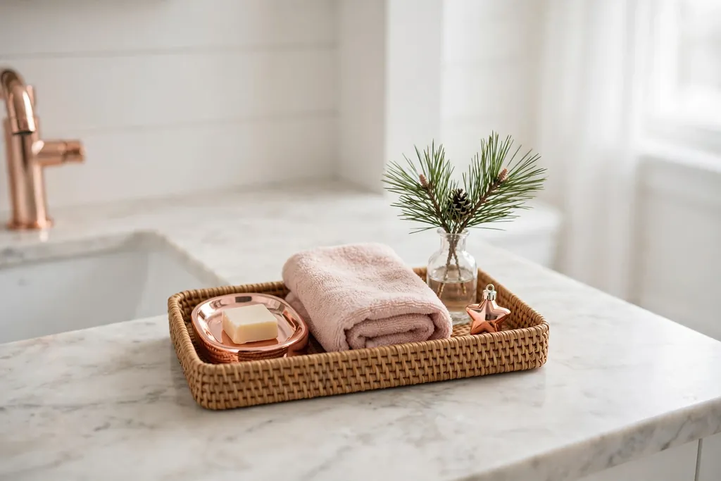 Powder room counter with a tray, rose gold soap dish, blush towel, and pine sprig.
