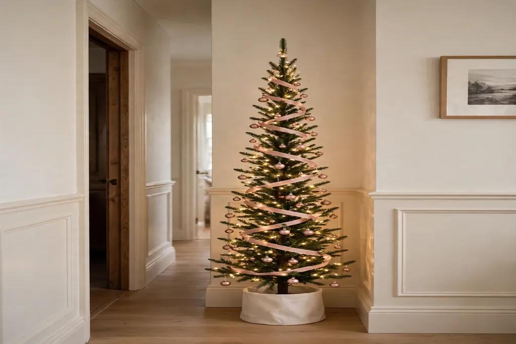 Slim pencil tree in a hallway corner with small rose gold ornaments and blush ribbon.