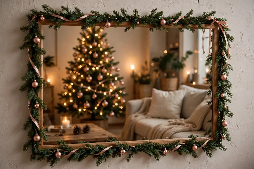 Living room mirror framed with green garland, small rose gold baubles, and rose gold ribbon.