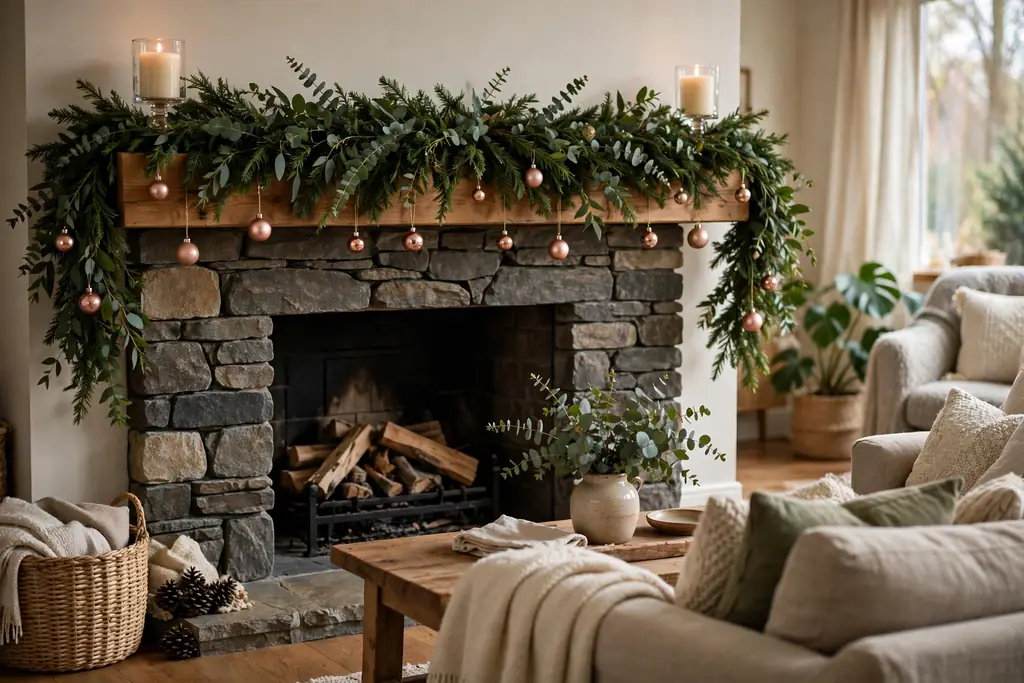 Fireplace mantel with green garland, eucalyptus, rose gold baubles, and cream candles.