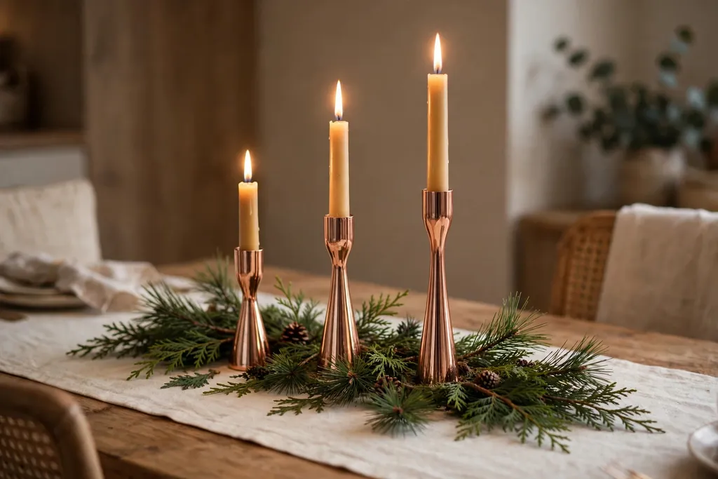 Dining table centerpiece with rose gold candle holders and pine sprigs.