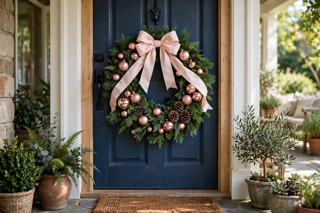 Pine wreath on a front door with rose gold baubles and a blush ribbon.