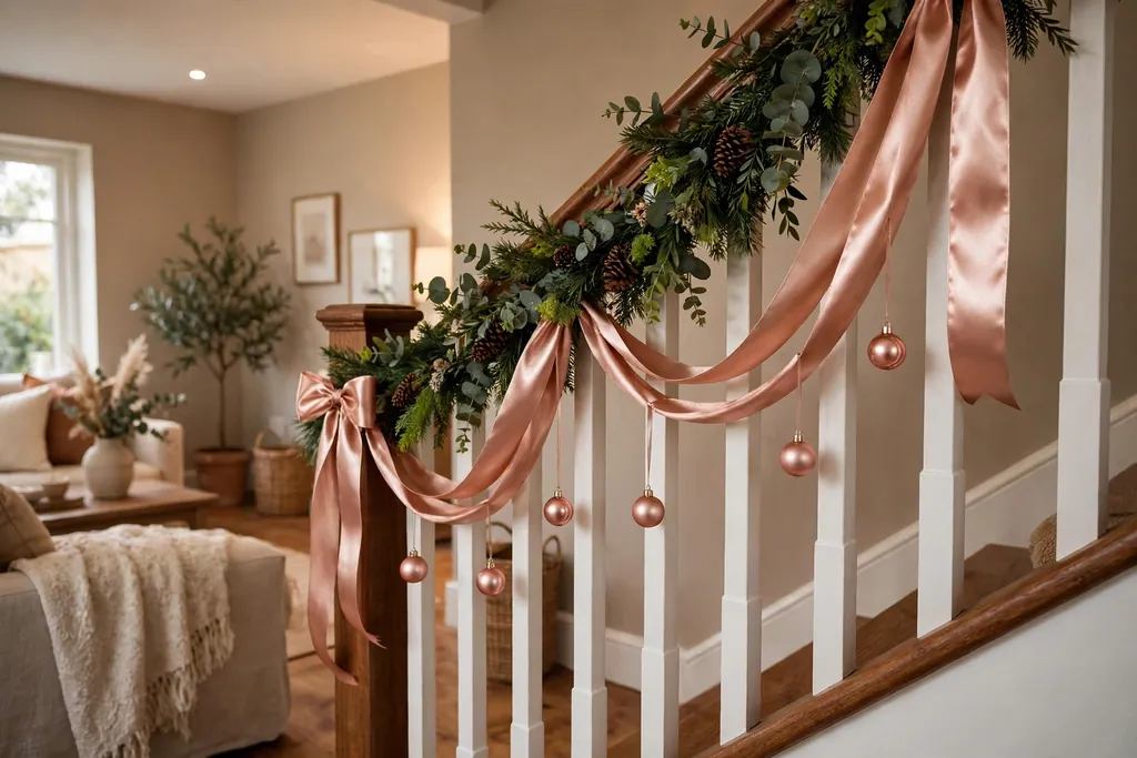 Staircase banister with green garland, rose gold ribbon, and small rose gold baubles.