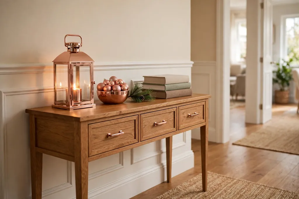 Entry console with a rose gold lantern, a bowl of rose gold baubles, and a pine sprig.
