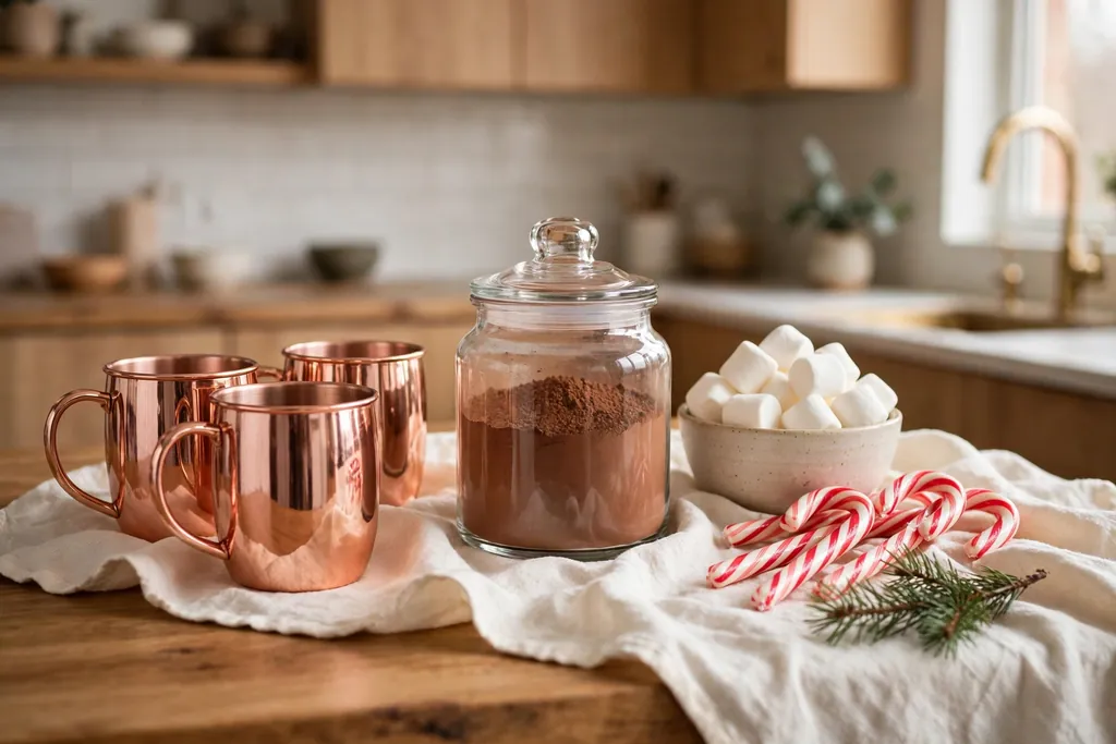 Kitchen cocoa station with rose gold mugs, a cocoa jar, and candy canes.