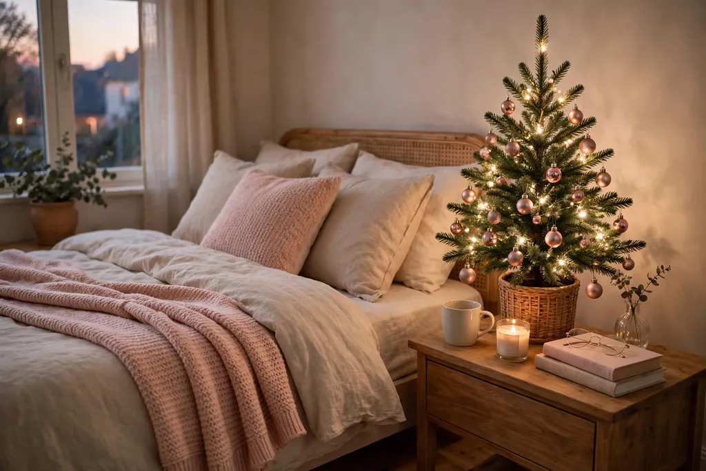 Bedroom with a small tree with rose gold ornaments on a nightstand and a blush throw on the bed.
