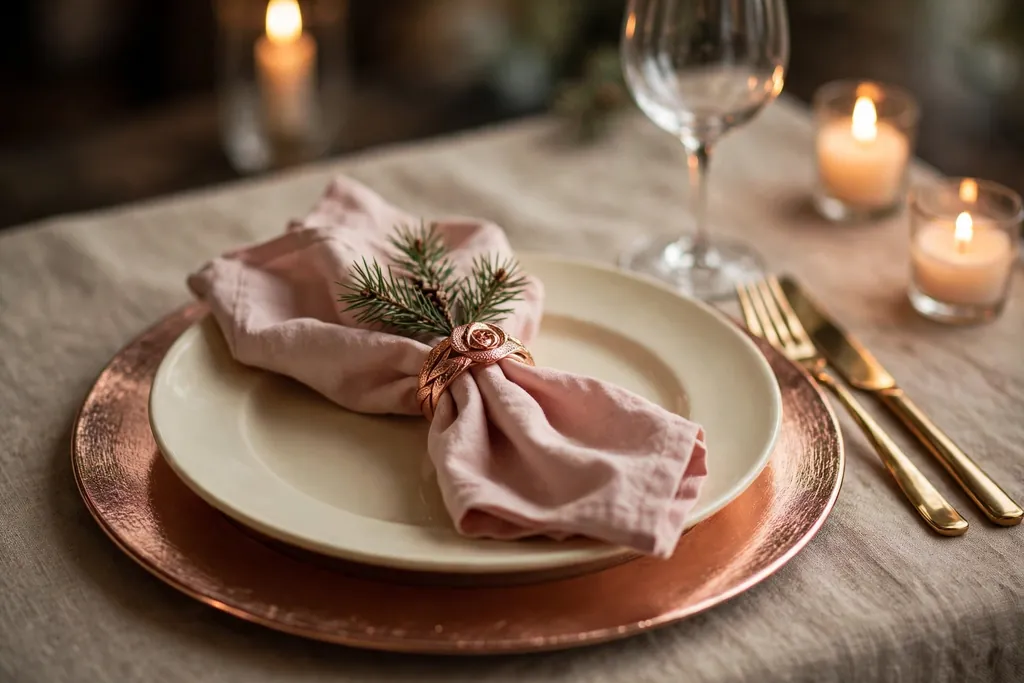 Dining place setting with a rose gold charger, blush napkin, and pine sprig.