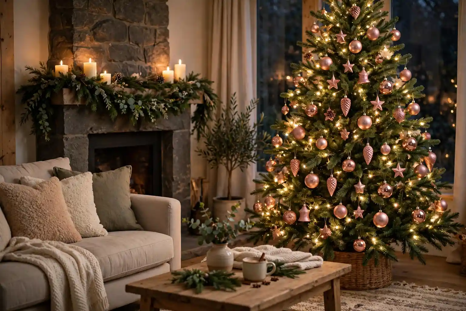 Warm living room decorated for Christmas with a tree covered in rose gold ornaments and a mantel with garland and candles.
