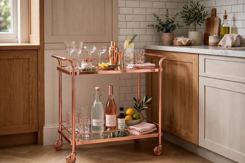 Rose gold bar cart with glassware in a kitchen corner.