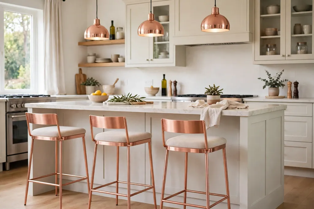 Rose gold bar stools at a kitchen island with a pale counter.