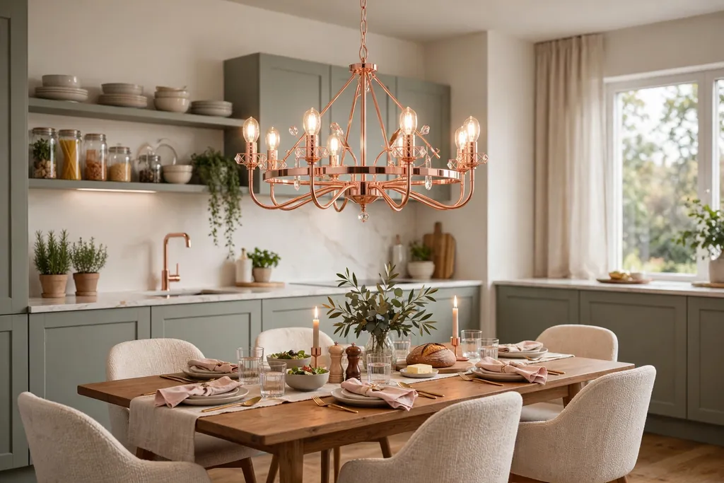 Rose gold chandelier over a kitchen dining table.