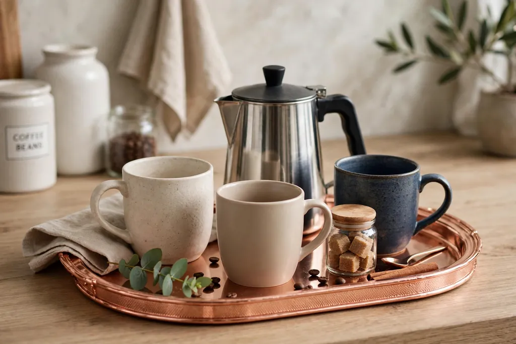 Coffee station with mugs and a pot grouped on a rose gold tray.