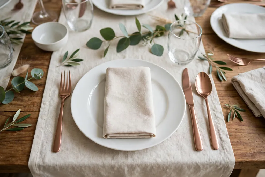 Table set with rose gold cutlery, white plates, and plain napkins.