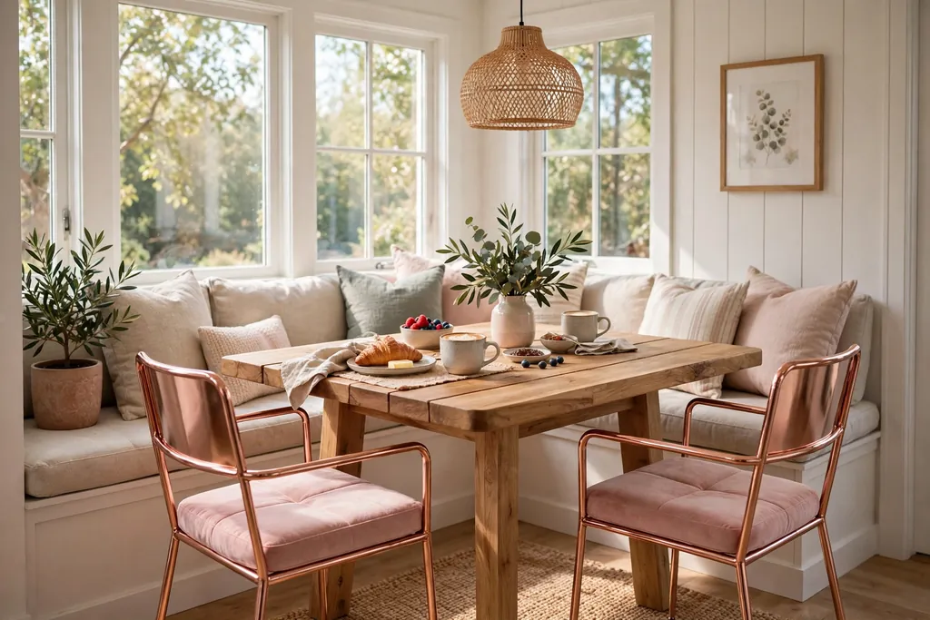 Breakfast nook with rose gold dining chairs and a wood table.