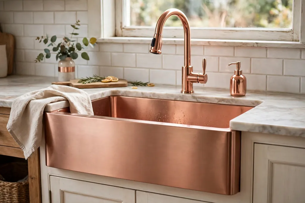 Rose gold farmhouse sink with a matching rose gold tap.