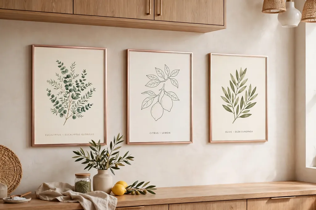 Kitchen wall with prints in slim rose gold frames.
