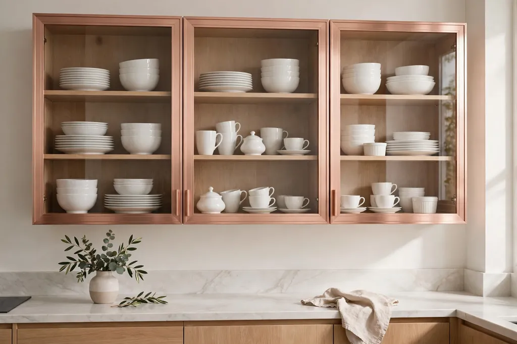 Glass front kitchen cabinets with rose gold frames and white dishes inside.