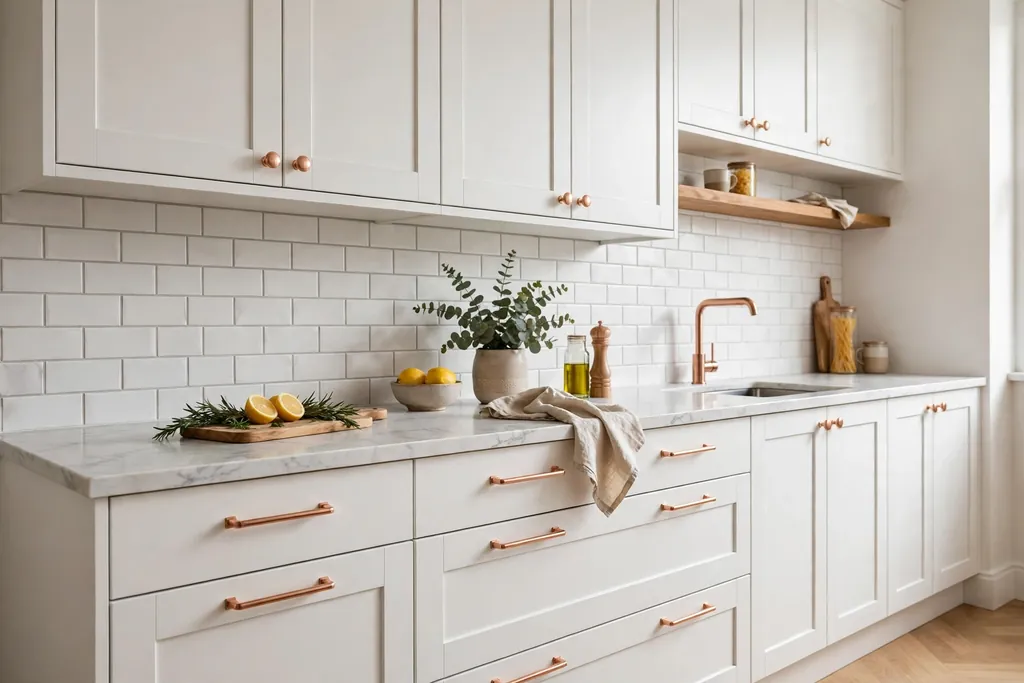 White kitchen cabinets with rose gold knobs and drawer pulls.