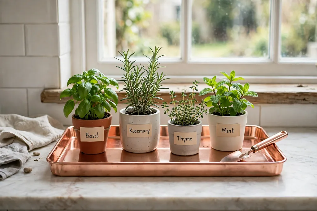 Herb pots in a rose gold tray on a kitchen windowsill.