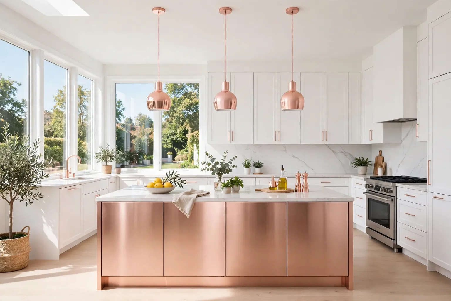 Wide kitchen with white cabinets, a rose gold island, and rose gold pendant lights in daylight.
