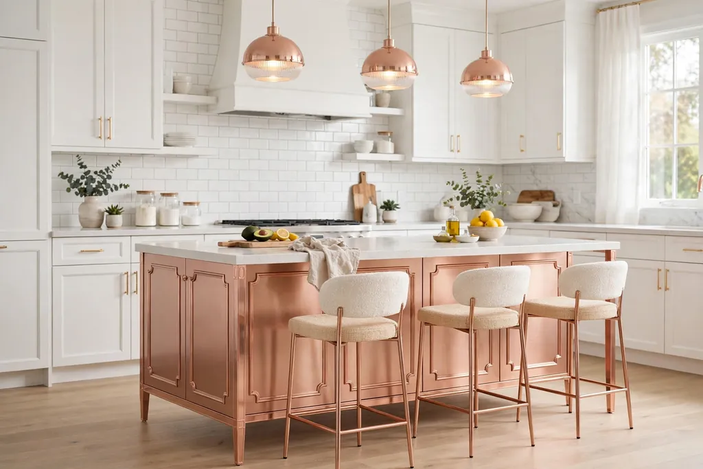 Rose gold kitchen island with a pale counter in a white kitchen.