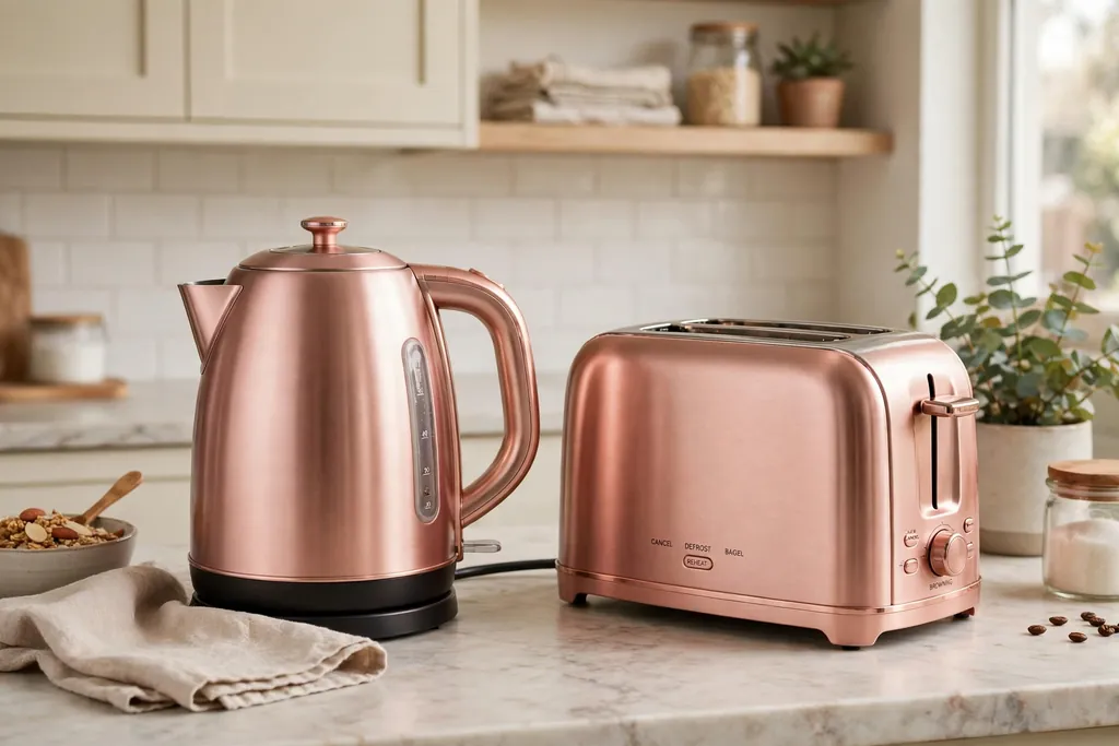 Rose gold kettle and toaster pair on a kitchen counter.