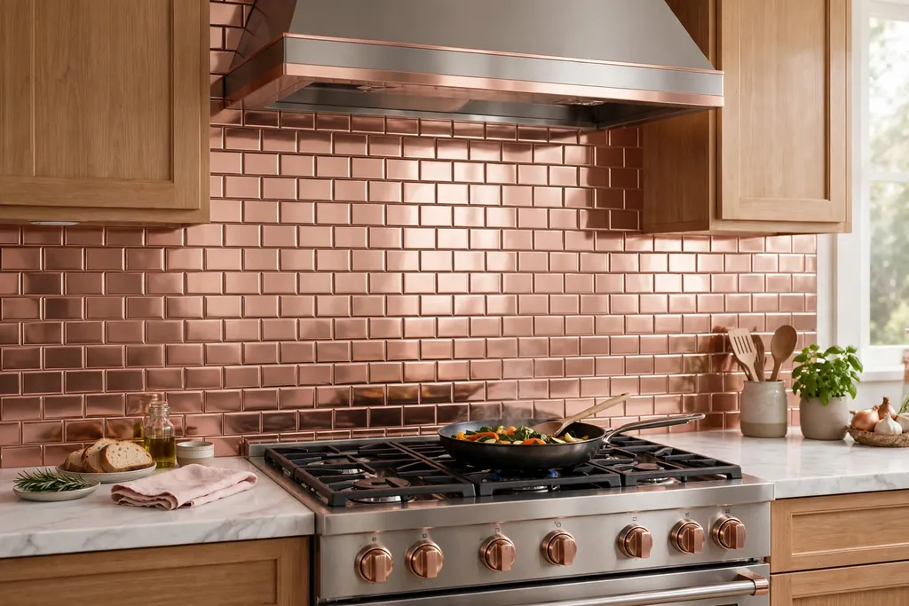 Rose gold metallic tile backsplash behind a kitchen cooker.