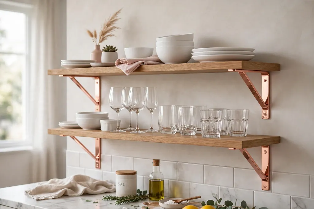 Open kitchen shelves with rose gold brackets holding white dishes and glasses.