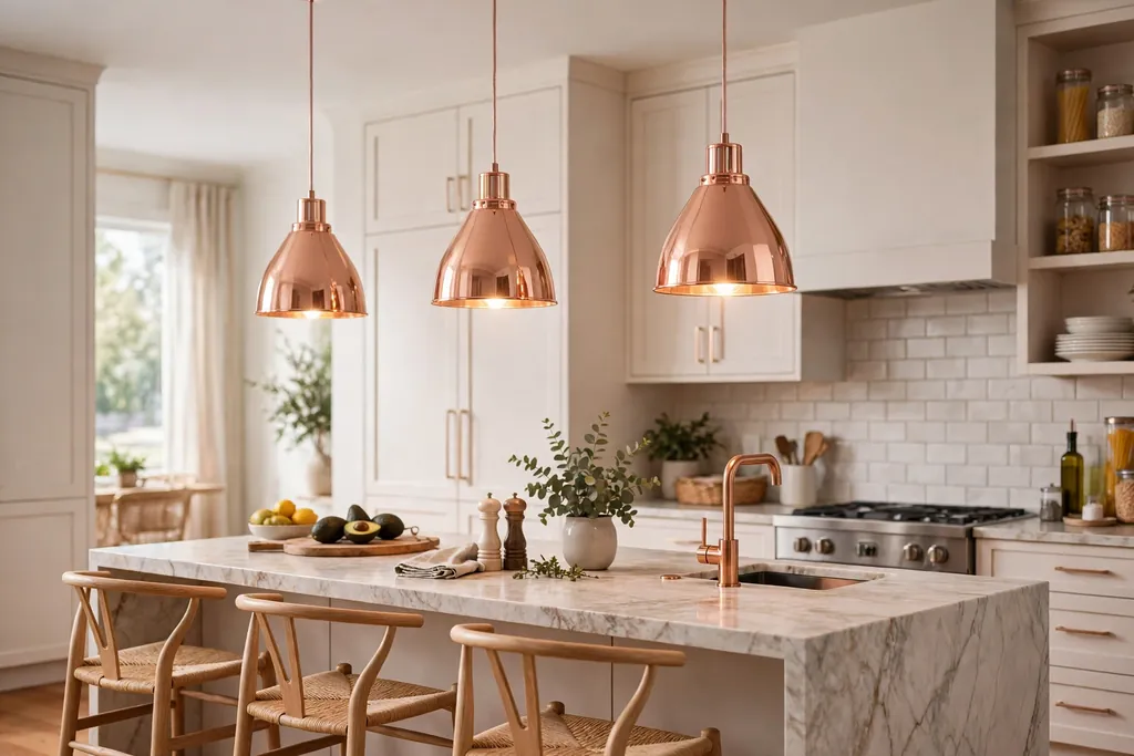 Rose gold pendant lights hanging over a kitchen island.