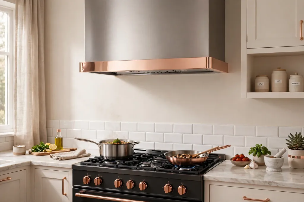 Kitchen range hood with rose gold trim above a cooker.