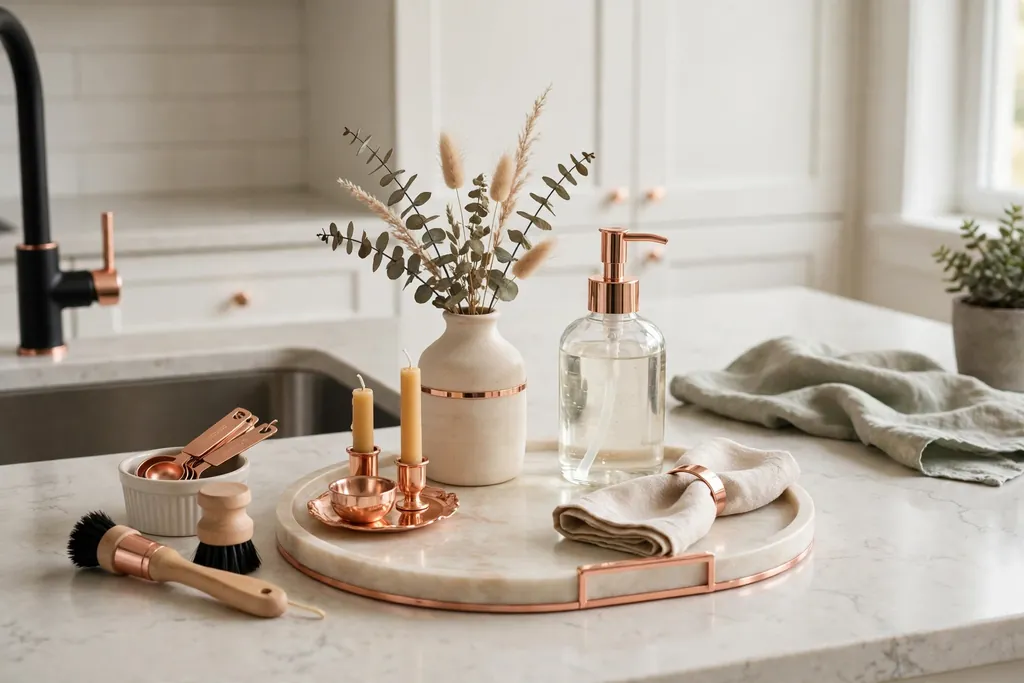 Kitchen counter with small removable rose gold touches, a tray, vase, and soap dispenser.